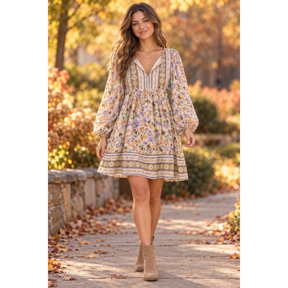 Billabong Floral Boho Babydoll Mini Dress Cotton Gauze Long Sleeve XS 24B133527